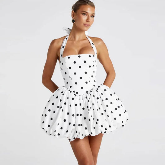 Halter Neck Polka Dot Bubble Hem Mini Dress