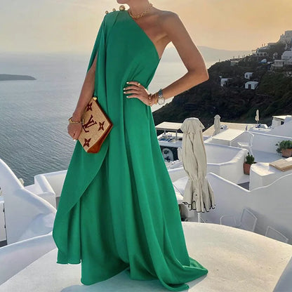 One Shoulder A-Line Maxi Dress with Gold Button Detail