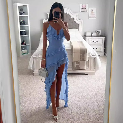 Chiffon Ruffle Layered Asymmetrical Slit Maxi Dress