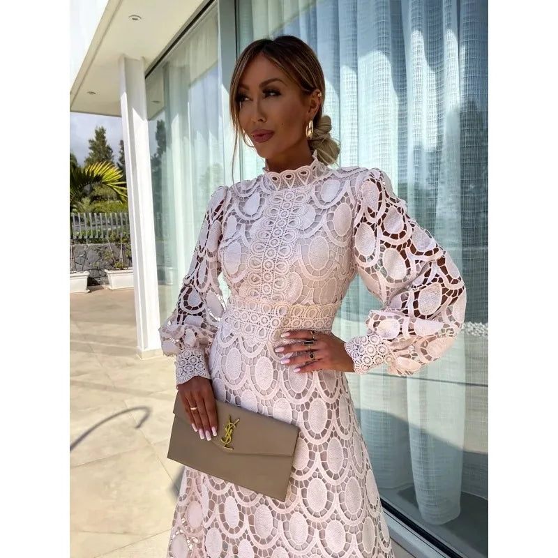 High Neck Lace Hollow Long Sleeve Elegant Midi Dress