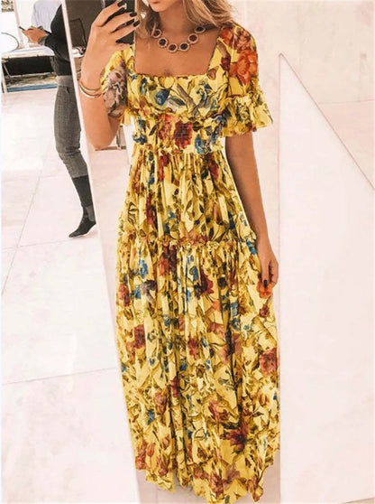 Elegant Floral Square-Neck Maxi Dress