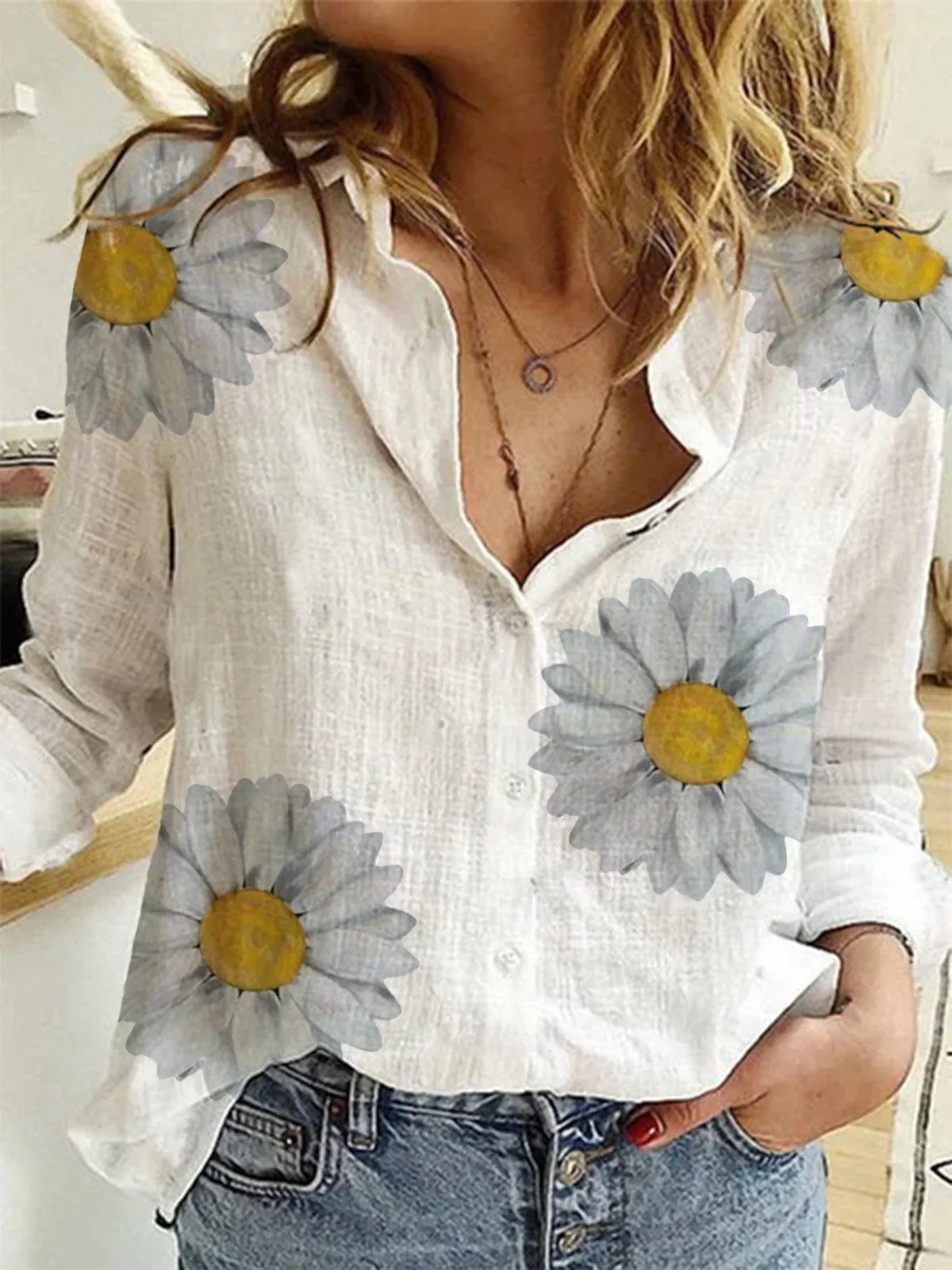Women’s Vintage Cotton Linen Floral Print Long Sleeve Casual Blouse