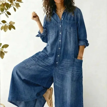 Women's Cozy and Casual Denim Jumpsuit Featuring Large Front Pockets