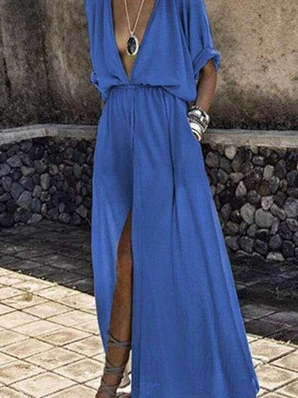 Kimono Sleeve V-Neck Maxi Dress with Pockets