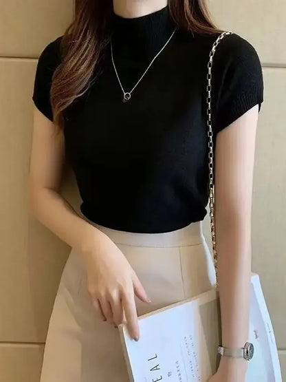 Women’s Mock Neck Short Sleeve Fitted Knit Top