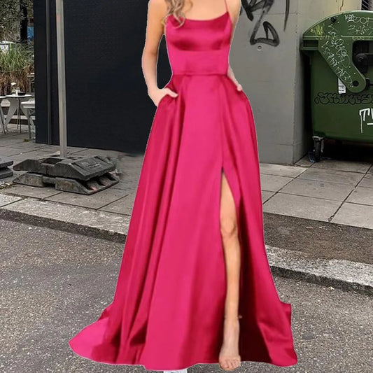Spaghetti Strap Side Slit Satin Maxi Dress