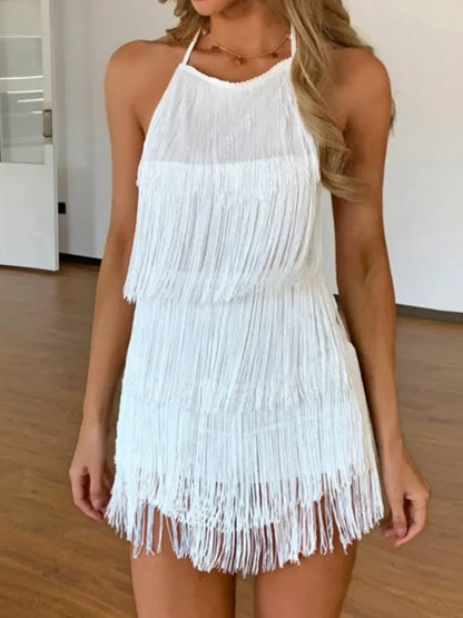 Square Neck Fringe Spaghetti Strap Midi Dress