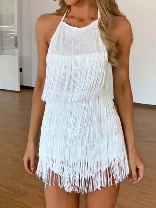 Square Neck Fringe Spaghetti Strap Midi Dress