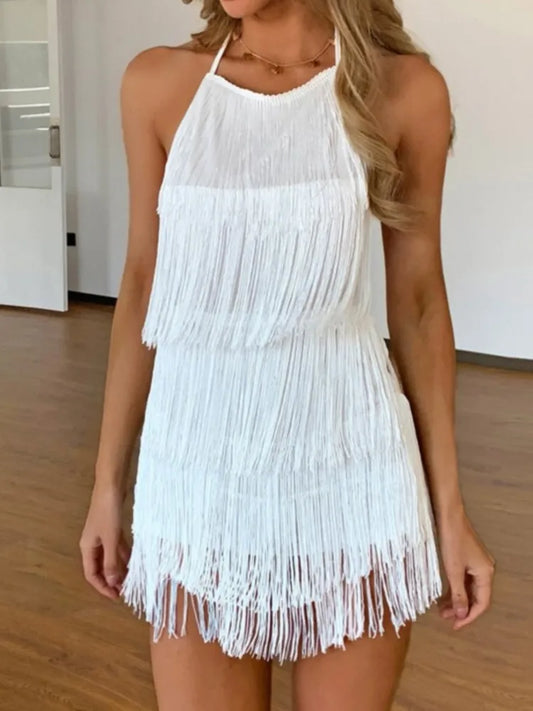 Square Neck Fringe Spaghetti Strap Midi Dress