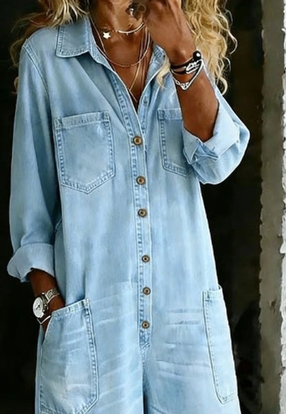 Women's Cozy and Casual Denim Jumpsuit Featuring Large Front Pockets
