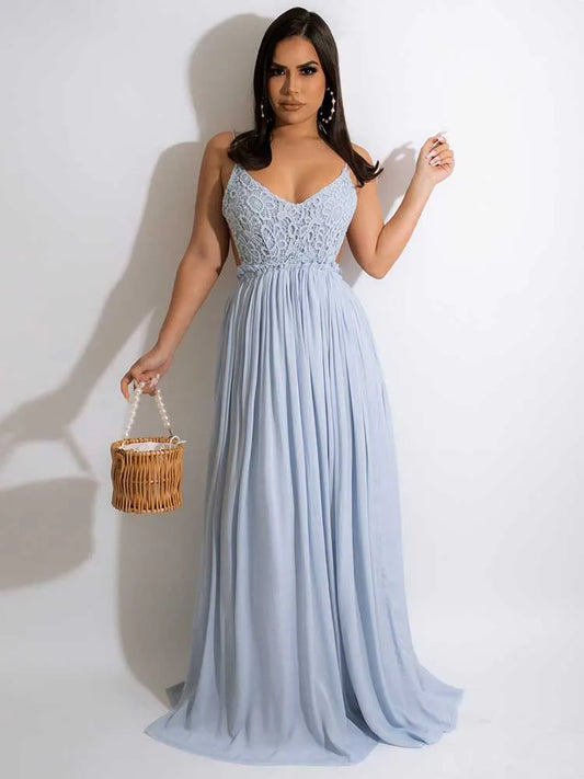 Boho Lace Open Back Maxi Dress with Flowing Skirt