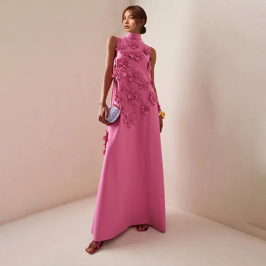 Floral Appliqué High Neck Maxi Dress