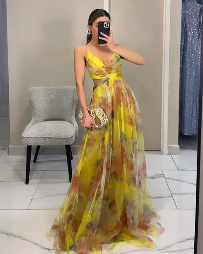 Floral Tulle Cut-Out Waist Lace-Up Back Maxi Dress
