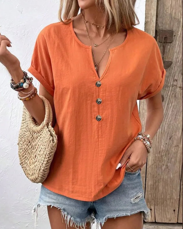 Women’s V-Neck Button Front Loose Fit Casual Summer Blouse