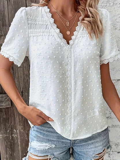 Plus Size Lace Trim V-Neck Short Sleeve Blouse for Women