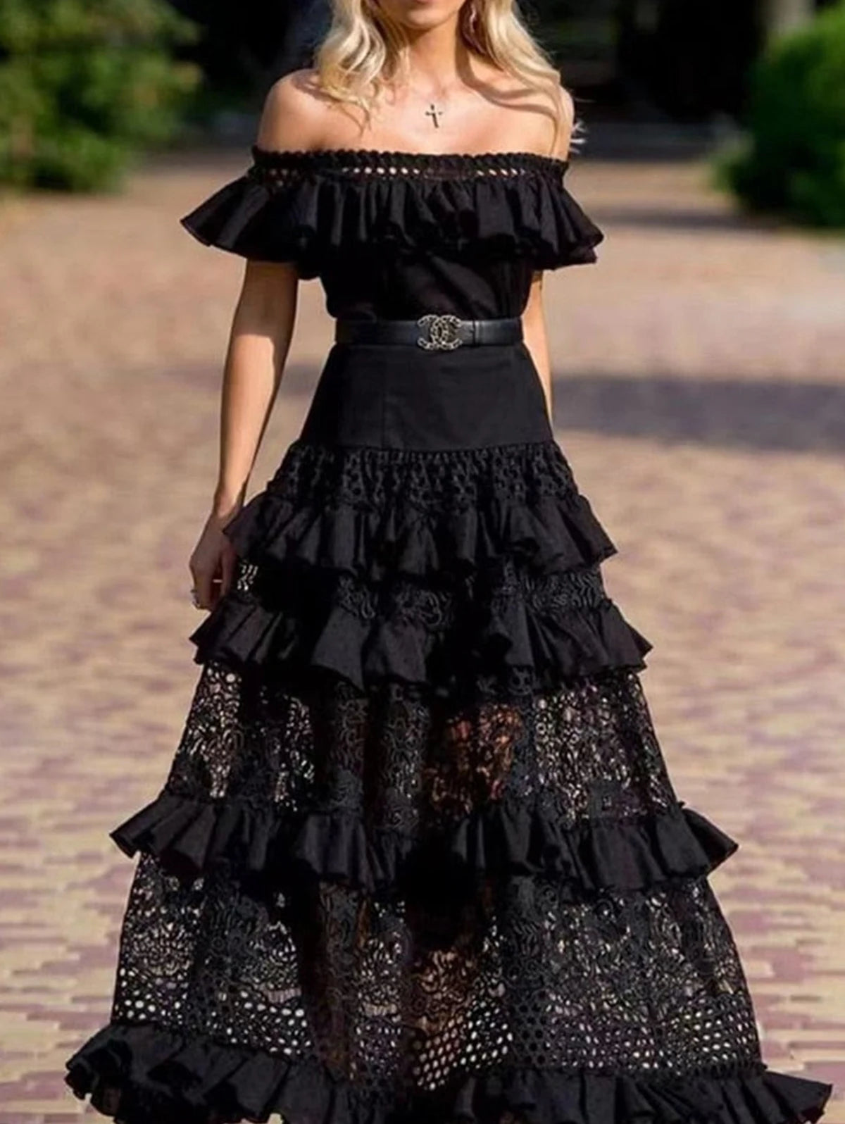 One Shoulder Ruffle Lace Patchwork Maxi Dress