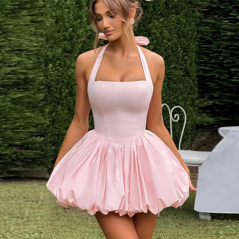 Halter Neck Polka Dot Bubble Hem Mini Dress