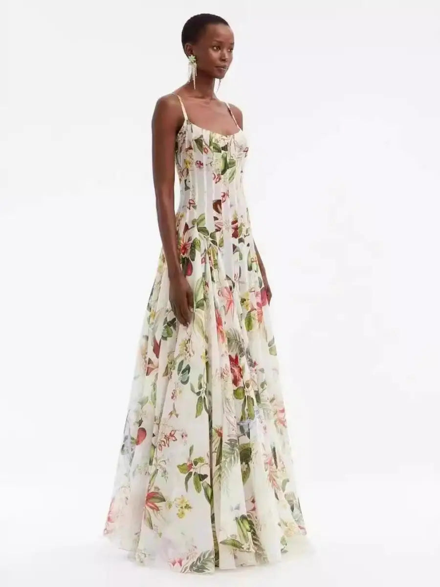 Floral Sweetheart Neck Ruched Maxi Dress