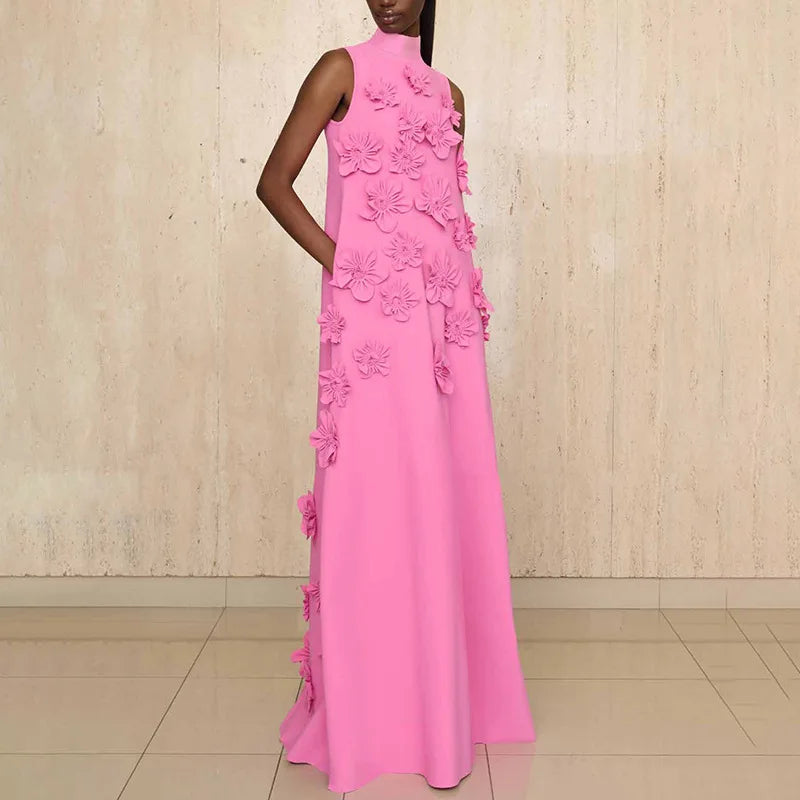 Floral Appliqué High Neck Maxi Dress