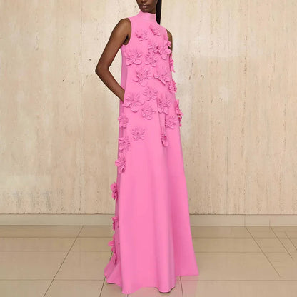 Floral Appliqué High Neck Maxi Dress