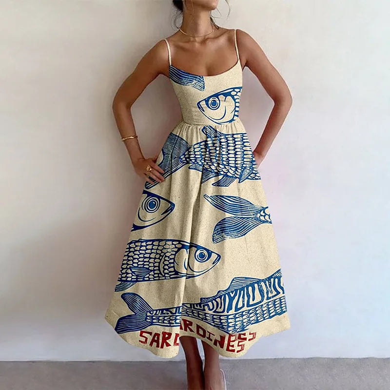 Graphic Print Spaghetti Strap Midi Dress