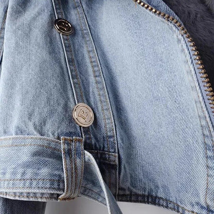 Women’s Cropped Denim Jacket with Faux Fur Collar and Cuffs