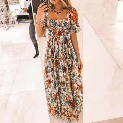 Elegant Floral Square-Neck Maxi Dress