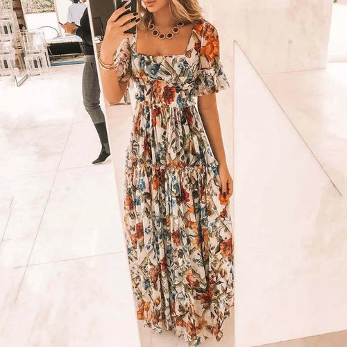Elegant Floral Square-Neck Maxi Dress