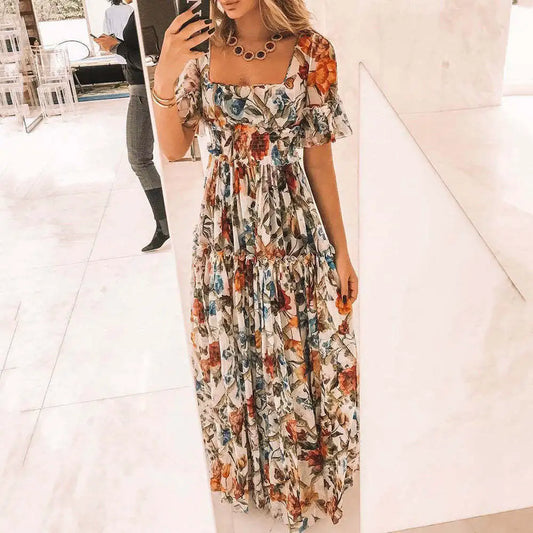 Elegant Floral Square-Neck Maxi Dress