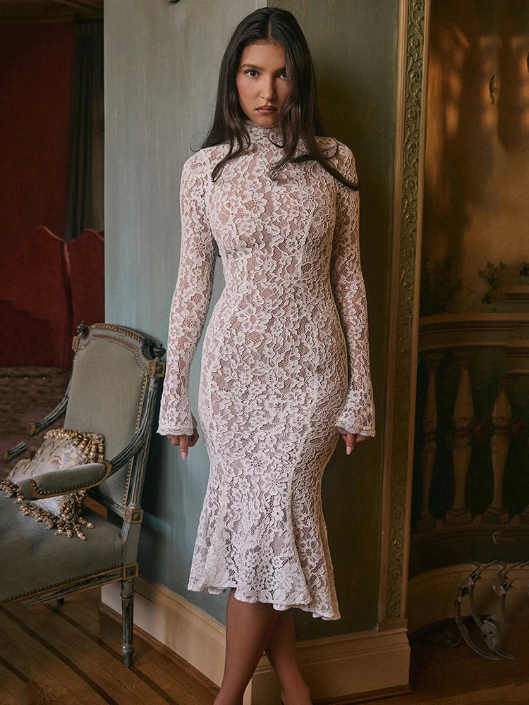 White Lace Dress – Elegant Long Sleeve Midi
