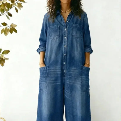 Women's Cozy and Casual Denim Jumpsuit Featuring Large Front Pockets