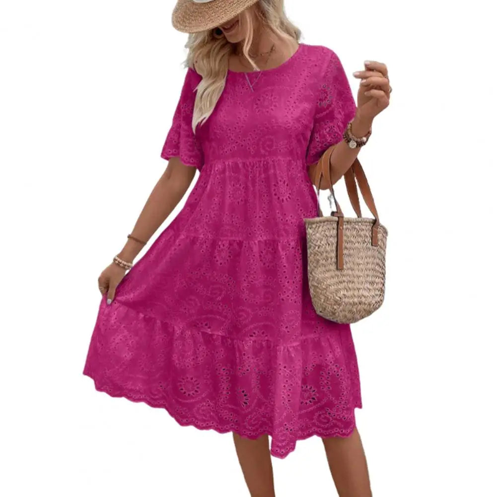 Elegant V-Neck Lace Detail Button Front Midi Dress