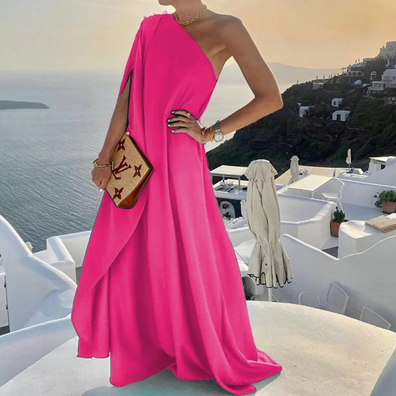 One Shoulder A-Line Maxi Dress with Gold Button Detail