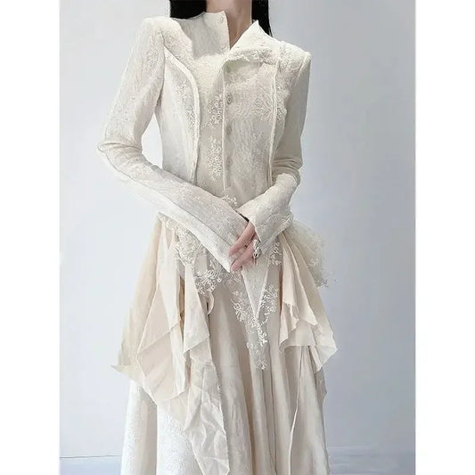 French Vintage Lace Irregular Patchwork Maxi Dress