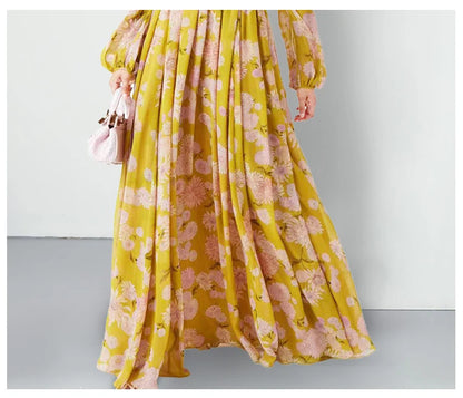 Floral Lace-Up Puff Sleeve Maxi Dress