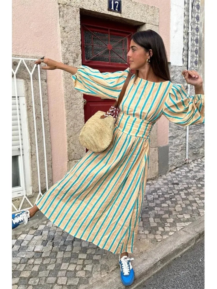 Vertical Stripe Cinched Waist Midi Dress