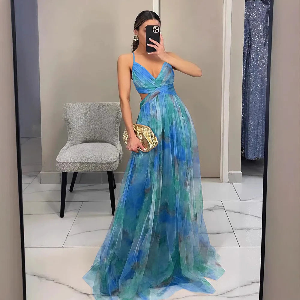 Floral Tulle Cut-Out Waist Lace-Up Back Maxi Dress