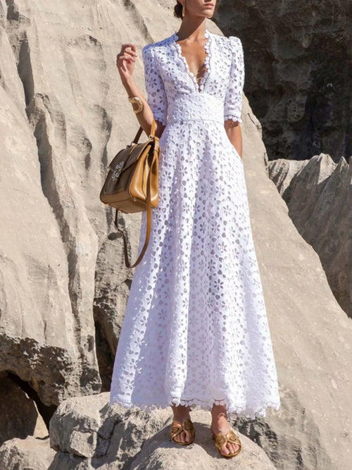 Eyelet V-Neck Short Sleeve Midi Dress