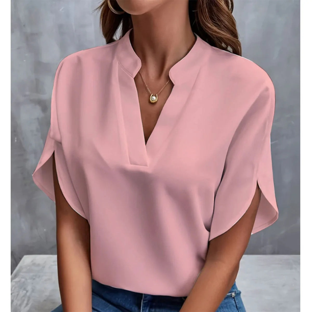 Women’s V-Neck Notch Collar Short Sleeve Loose Blouse
