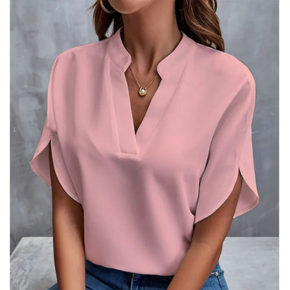 Women’s V-Neck Notch Collar Short Sleeve Loose Blouse