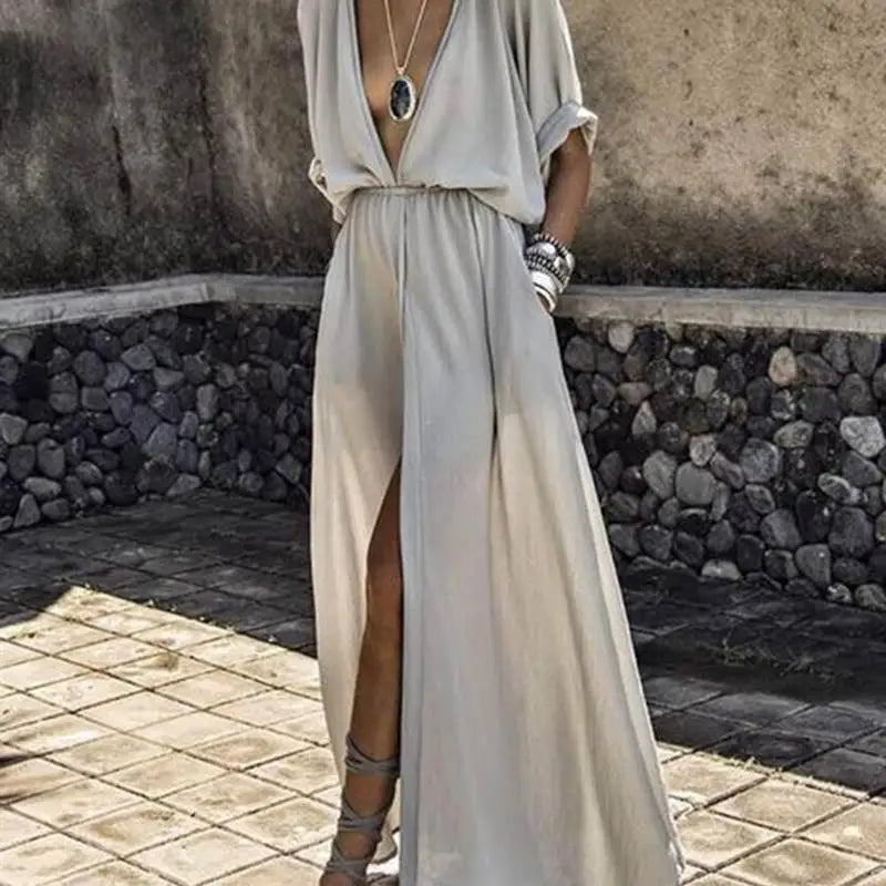 Kimono Sleeve V-Neck Maxi Dress with Pockets