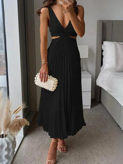 V-Neck Cut-Out Pleated Maxi Dress