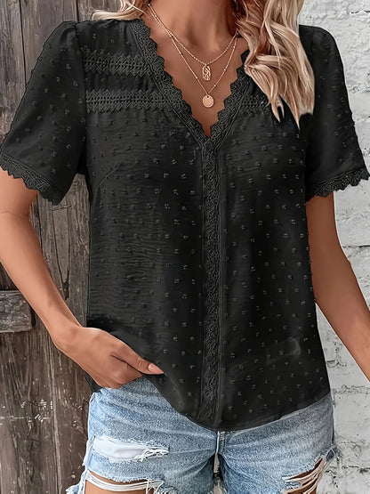 Plus Size Lace Trim V-Neck Short Sleeve Blouse for Women