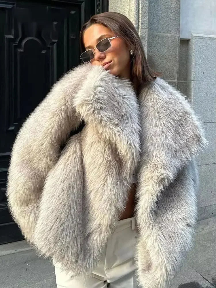 Women’s Faux Fur Oversized Winter Jacket with Turn-Down Collar