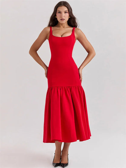 Square Neck Wide Strap Midi Dress