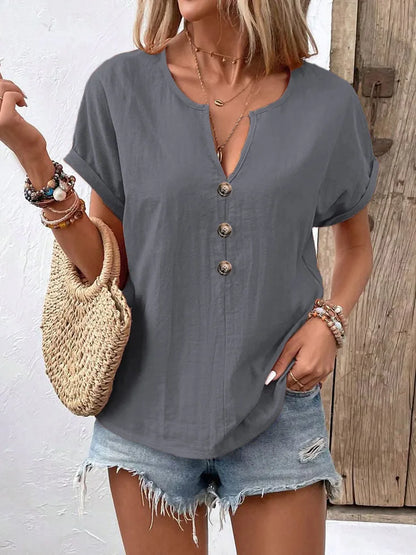Women’s V-Neck Button Front Loose Fit Casual Summer Blouse