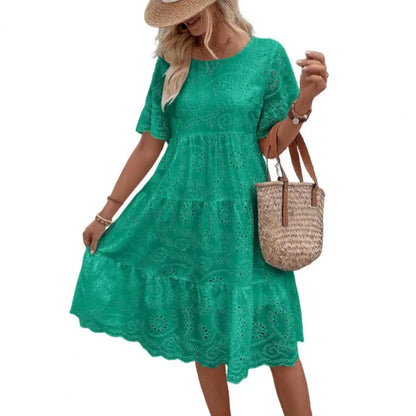 Elegant V-Neck Lace Detail Button Front Midi Dress