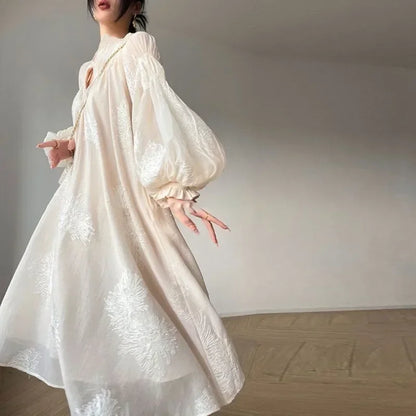 Apricot Embroidered Lantern Sleeve Maxi Dress