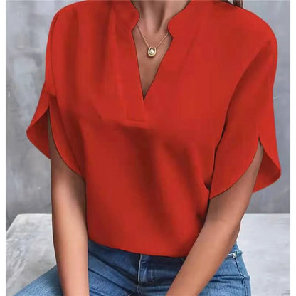 Women’s V-Neck Notch Collar Short Sleeve Loose Blouse
