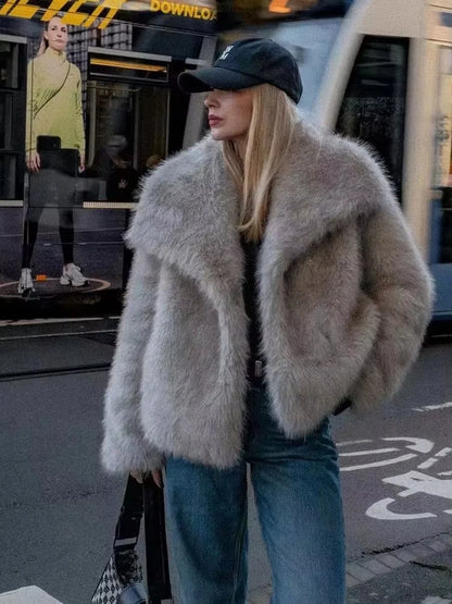 Women’s Faux Fur Oversized Winter Jacket with Turn-Down Collar